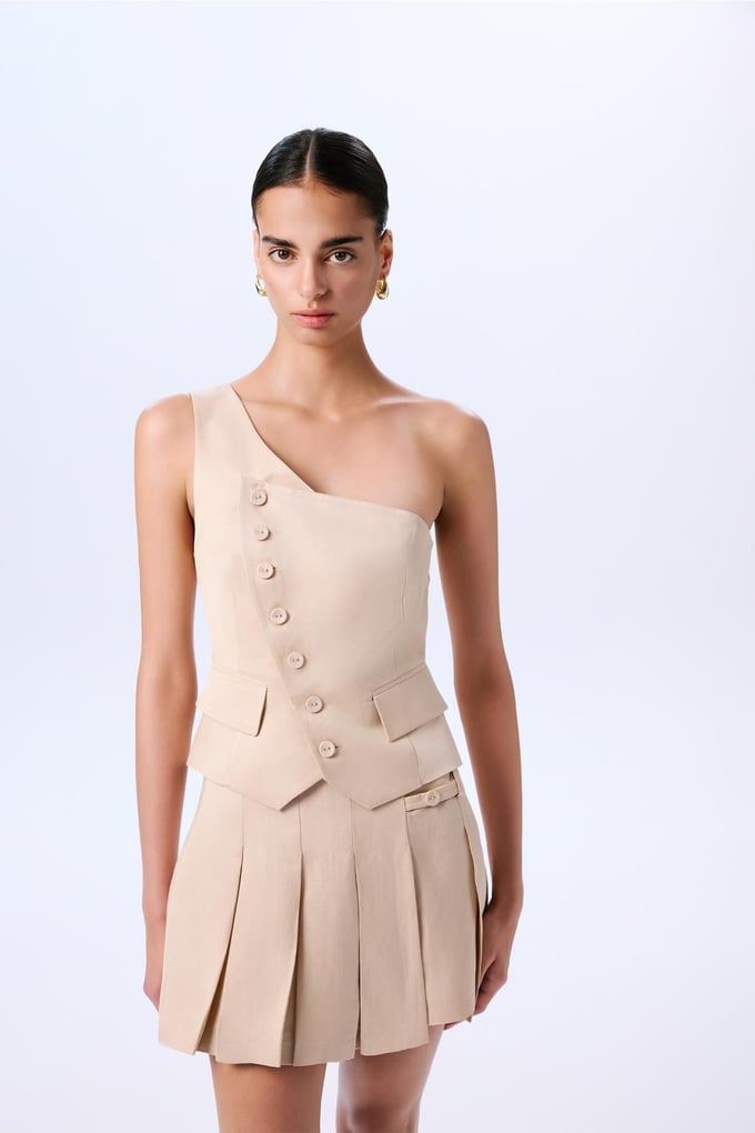 Asymmetric Closure One Shoulder Beige Vest