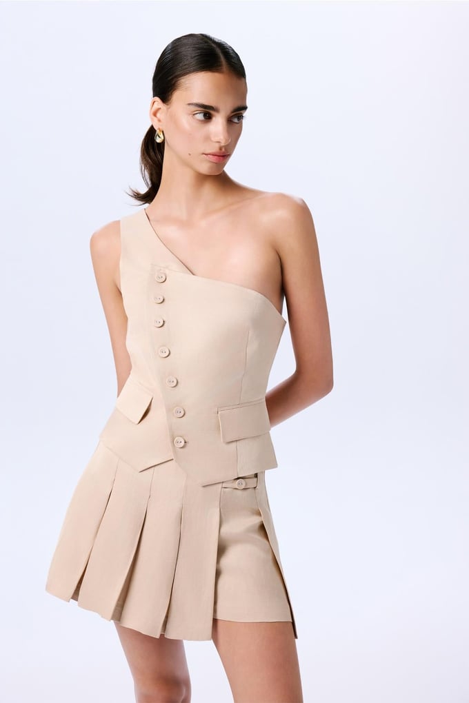 Asymmetric Closure One Shoulder Beige Vest
