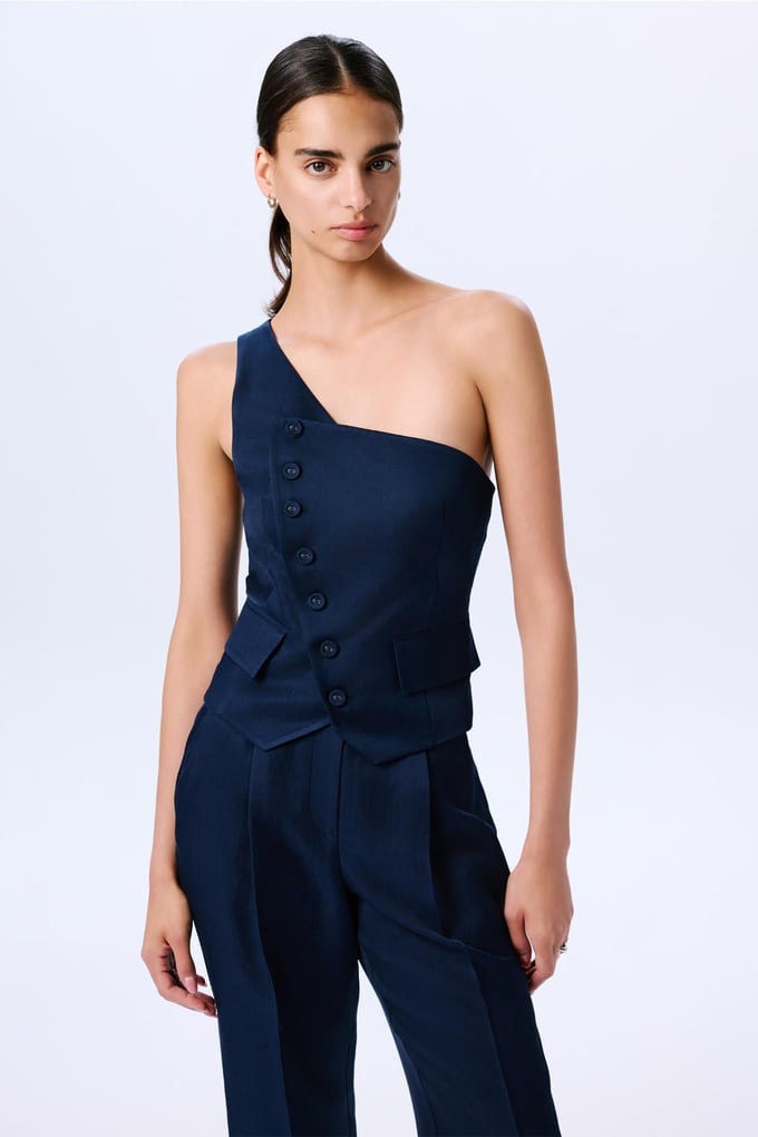 Asymmetric Closure One Shoulder Navy Vest  