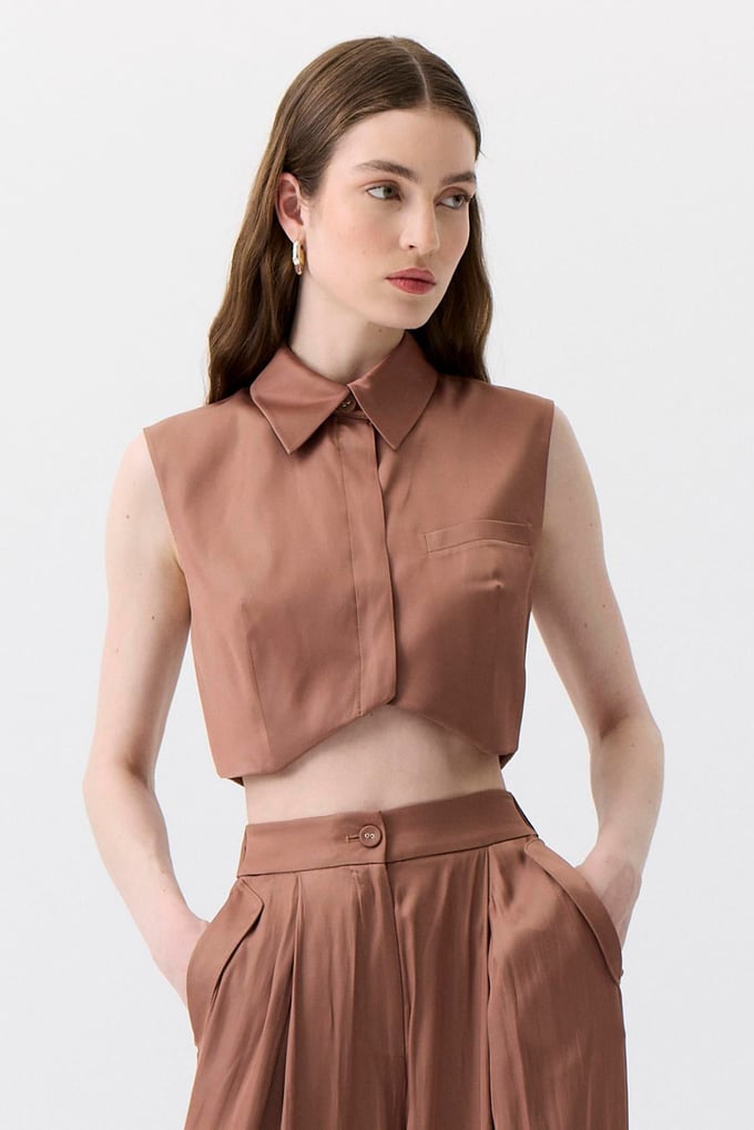 Asymmetric Cut Sleeveless Brown Blouse