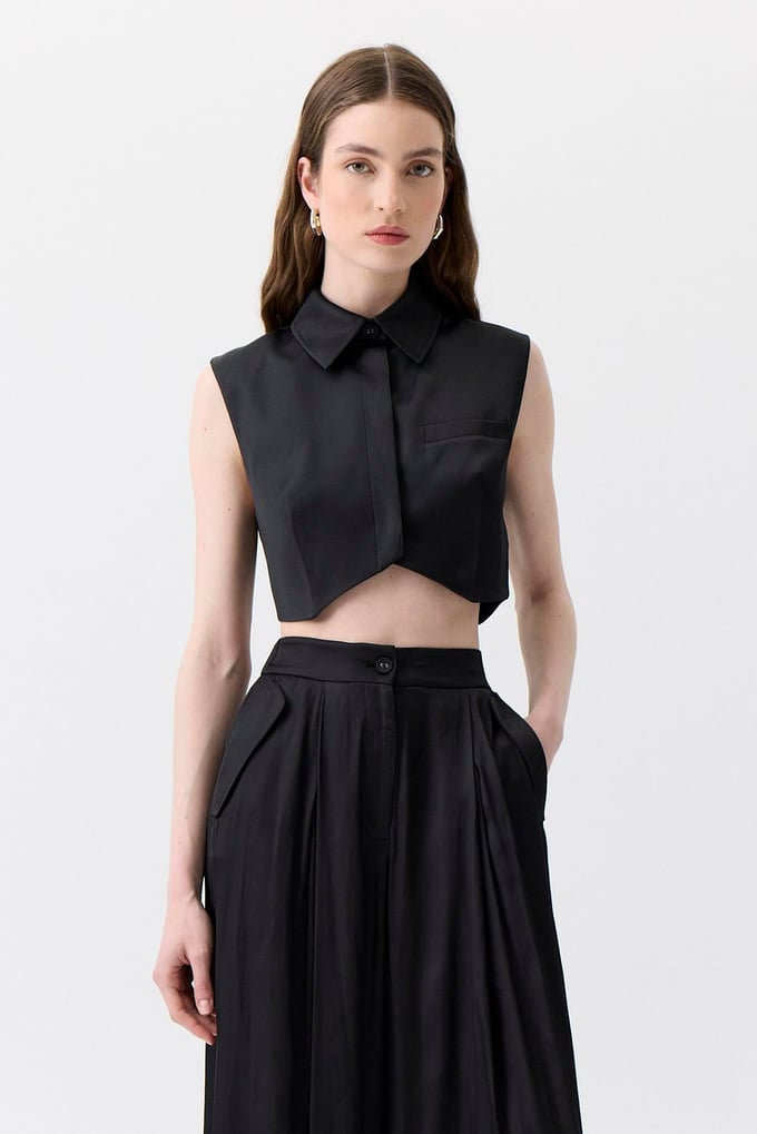 Asymmetric Cut Sleeveless Black Blouse