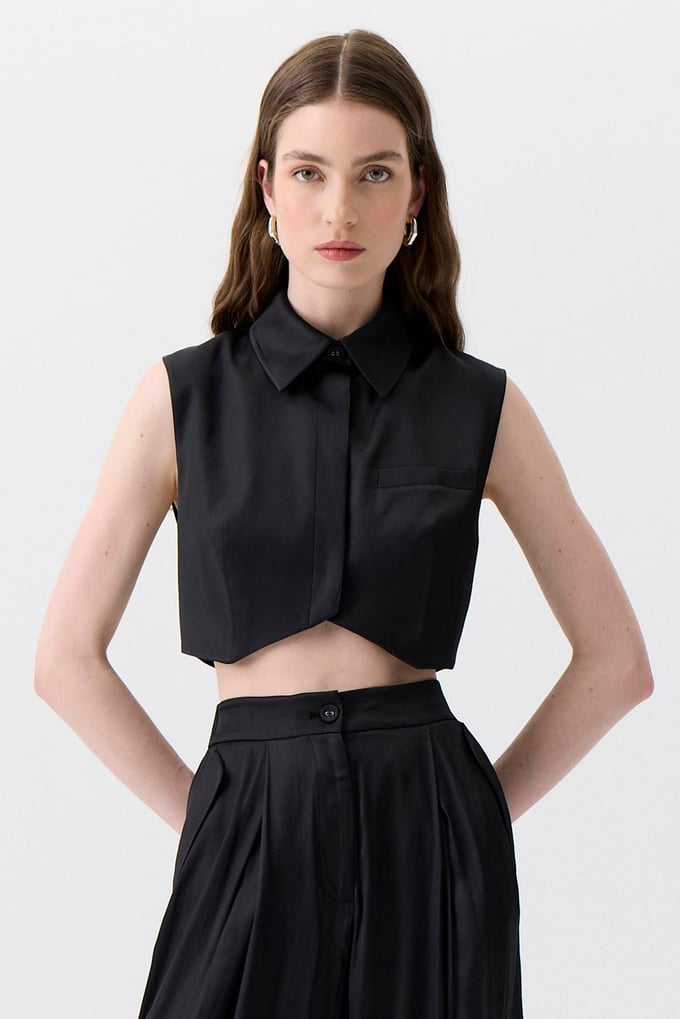 Asymmetric Cut Sleeveless Black Blouse