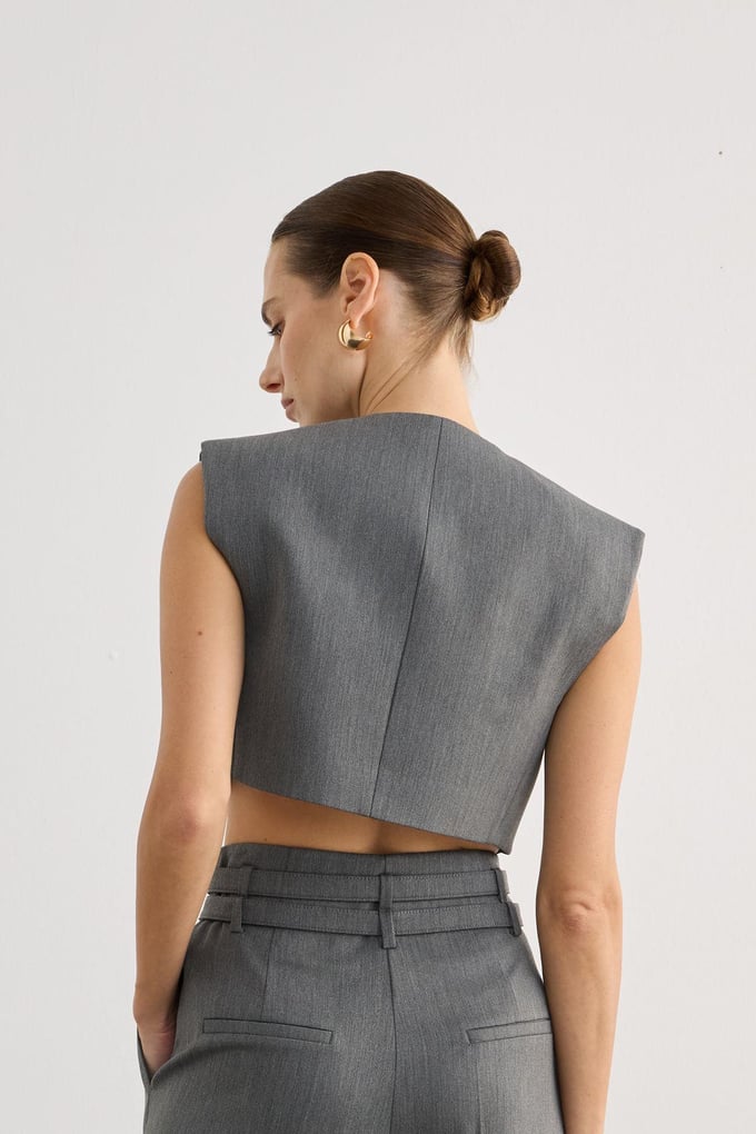 Asymmetrical Neck Sleeveless Gray Crop Blouse