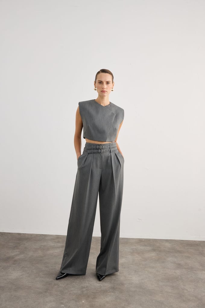 Asymmetrical Neck Sleeveless Gray Crop Blouse