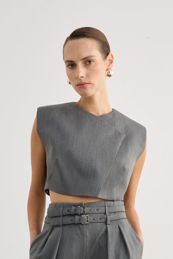 Asymmetrical Neck Sleeveless Gray Crop Blouse