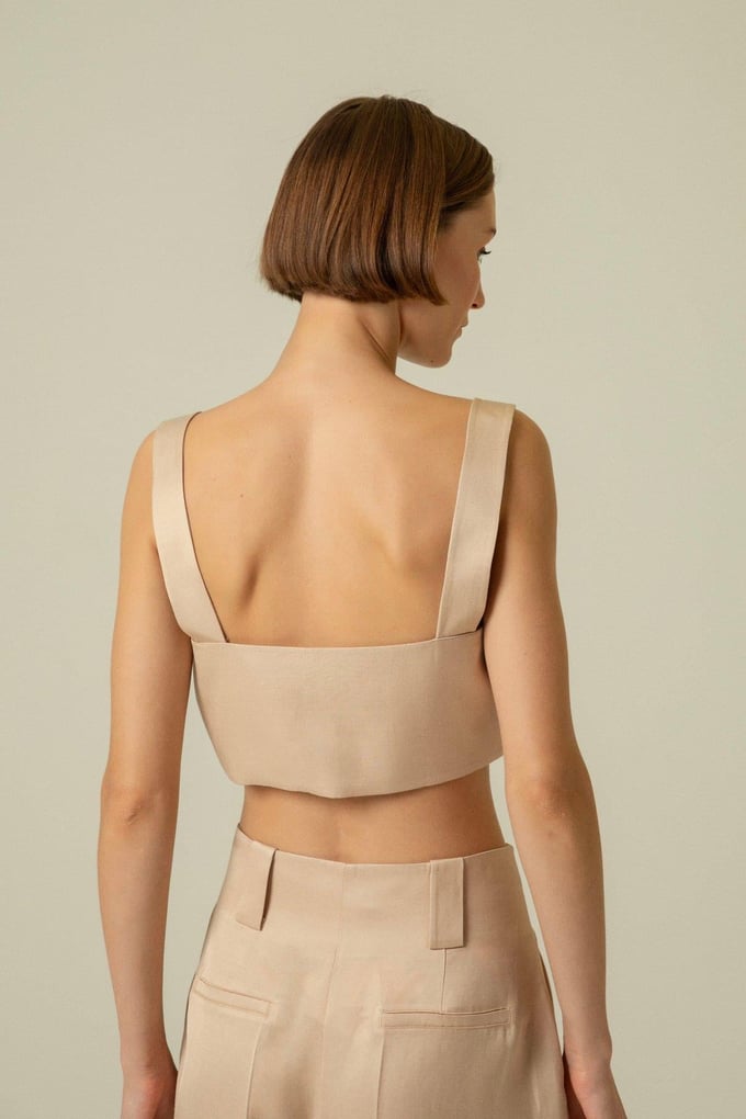 Strapped Gold Button Detail Beige Crop Top
