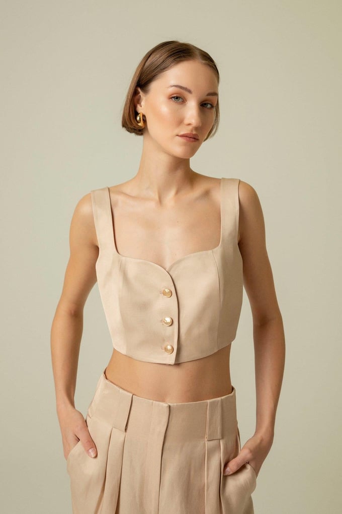 Strapped Gold Button Detail Beige Crop Top