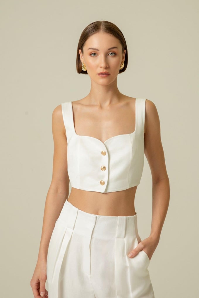 Strapped Gold Button Detail Ecru Crop Top