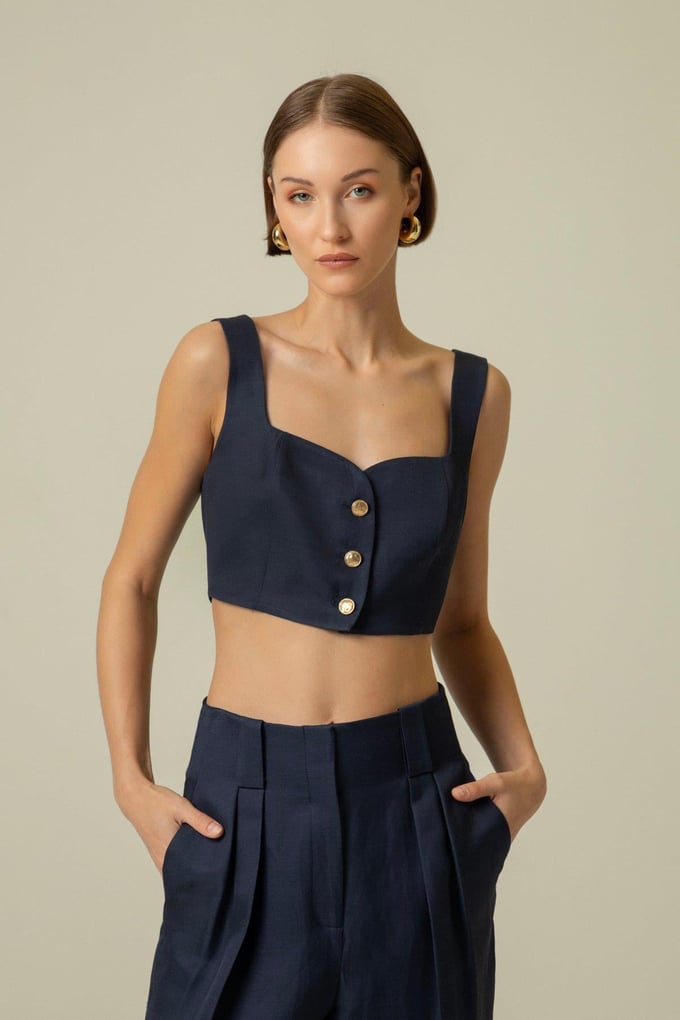 Strapped Gold Button Detail Navy Blue Crop Top