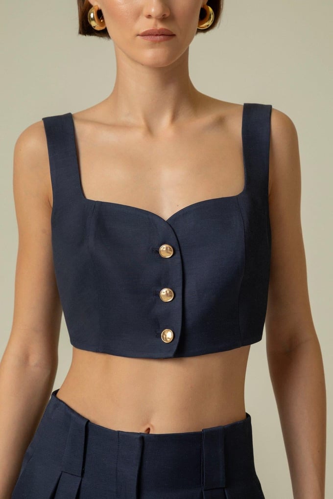 Strapped Gold Button Detail Navy Blue Crop Top