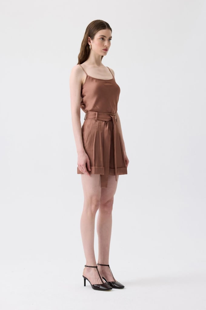 Strappy Ribbon Band Detail Brown Blouse
