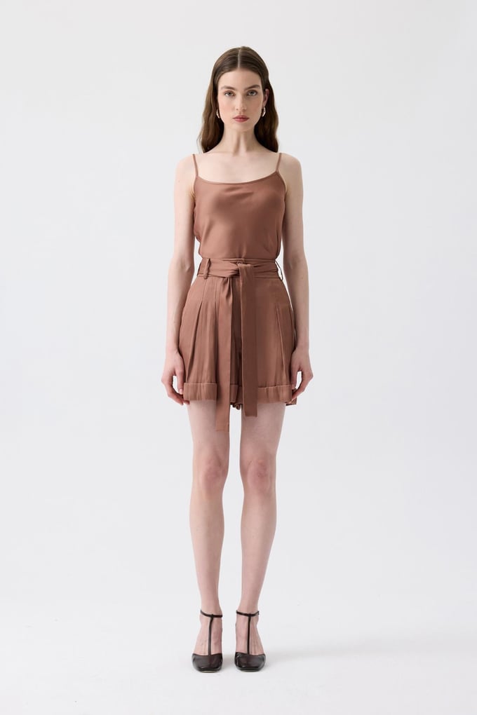 Strappy Ribbon Band Detail Brown Blouse