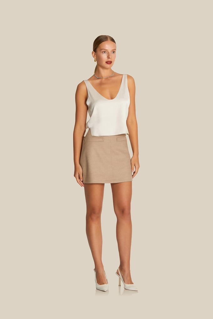 Sleeveless V Neck Beige Blouse