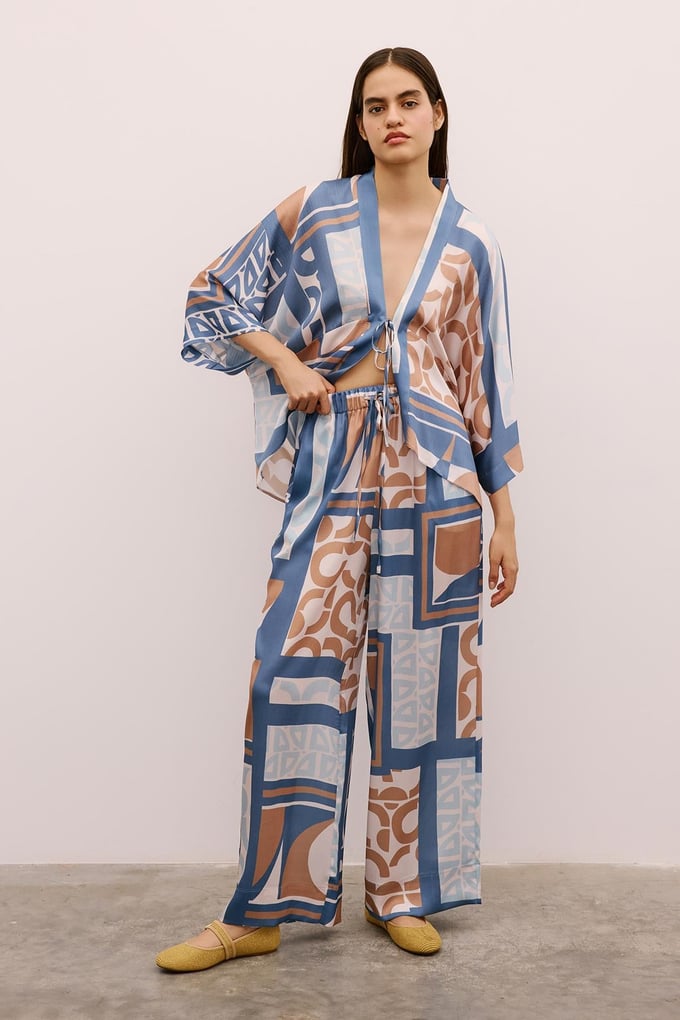 Drawstring Detailed Patterned Long Indigo Trousers