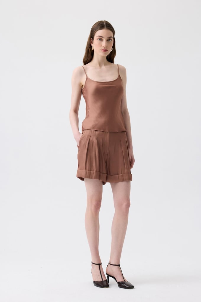 Tie-Belt Relaxed Fit Brown Mini Shorts