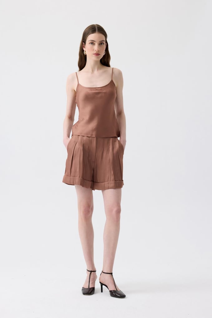 Tie-Belt Relaxed Fit Brown Mini Shorts