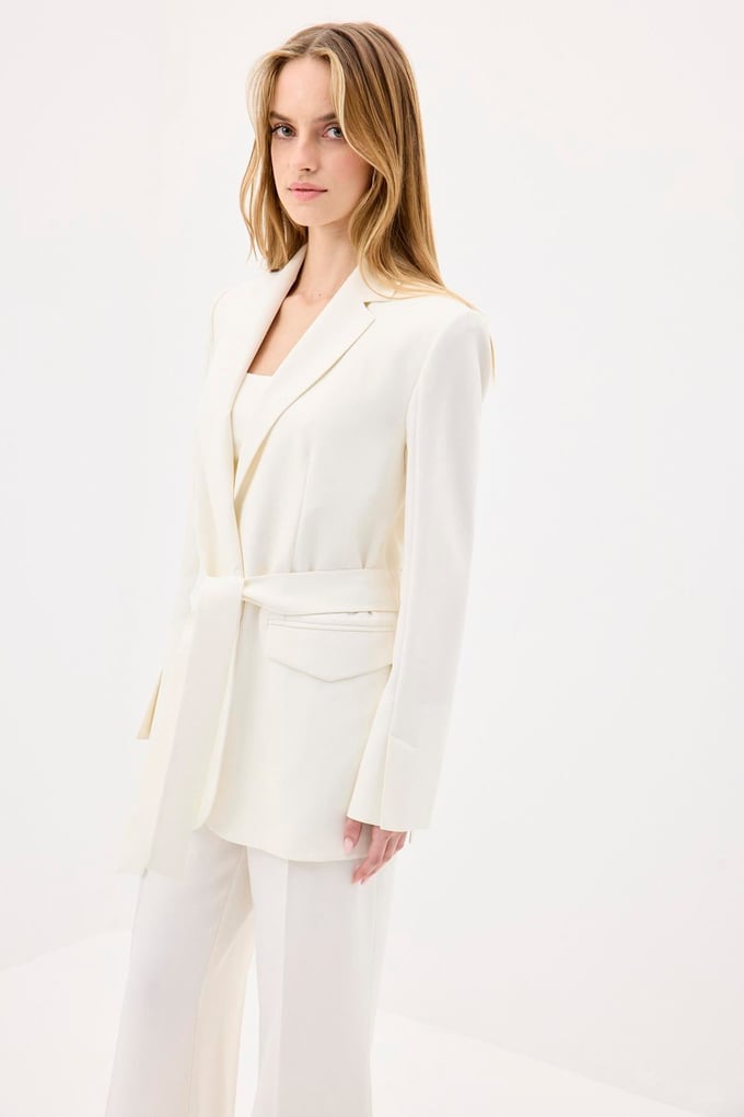 Belted Long Sleeve Ecru Coat