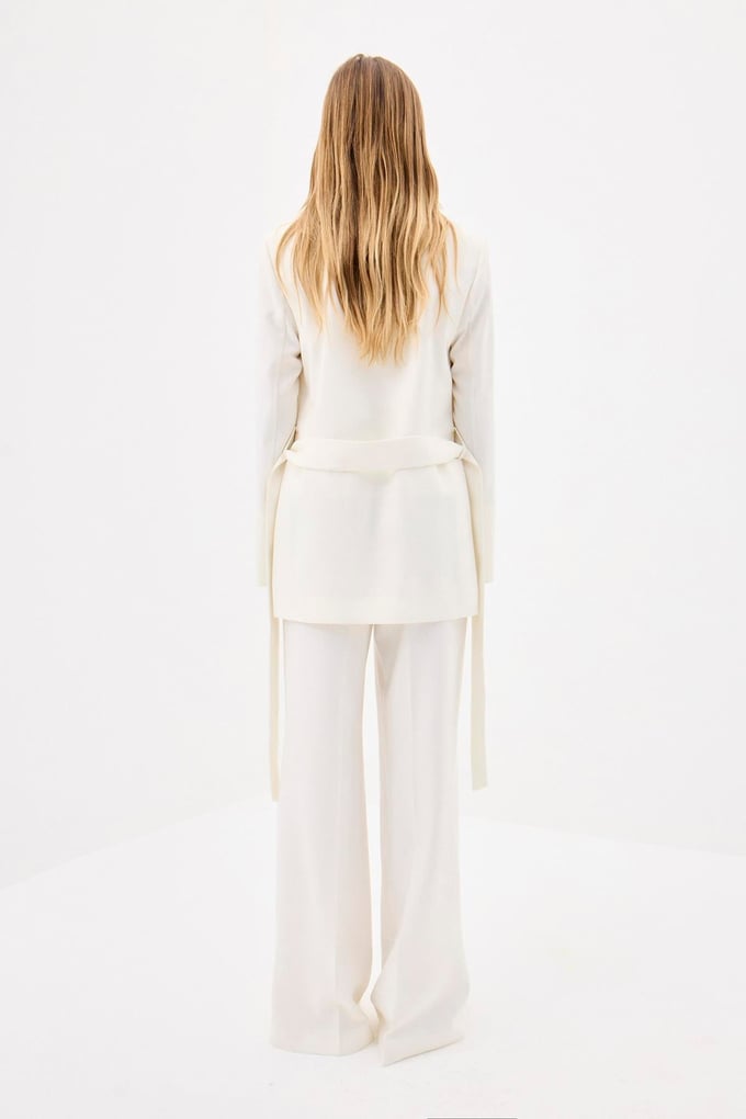 Belted Long Sleeve Ecru Coat