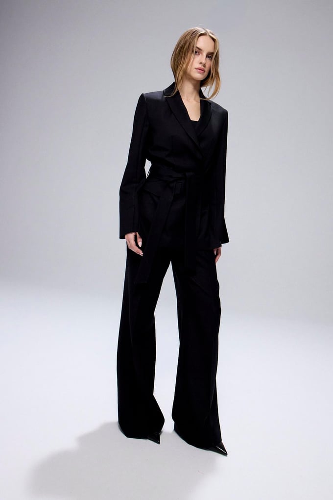 Belted Long Sleeve Black Coat