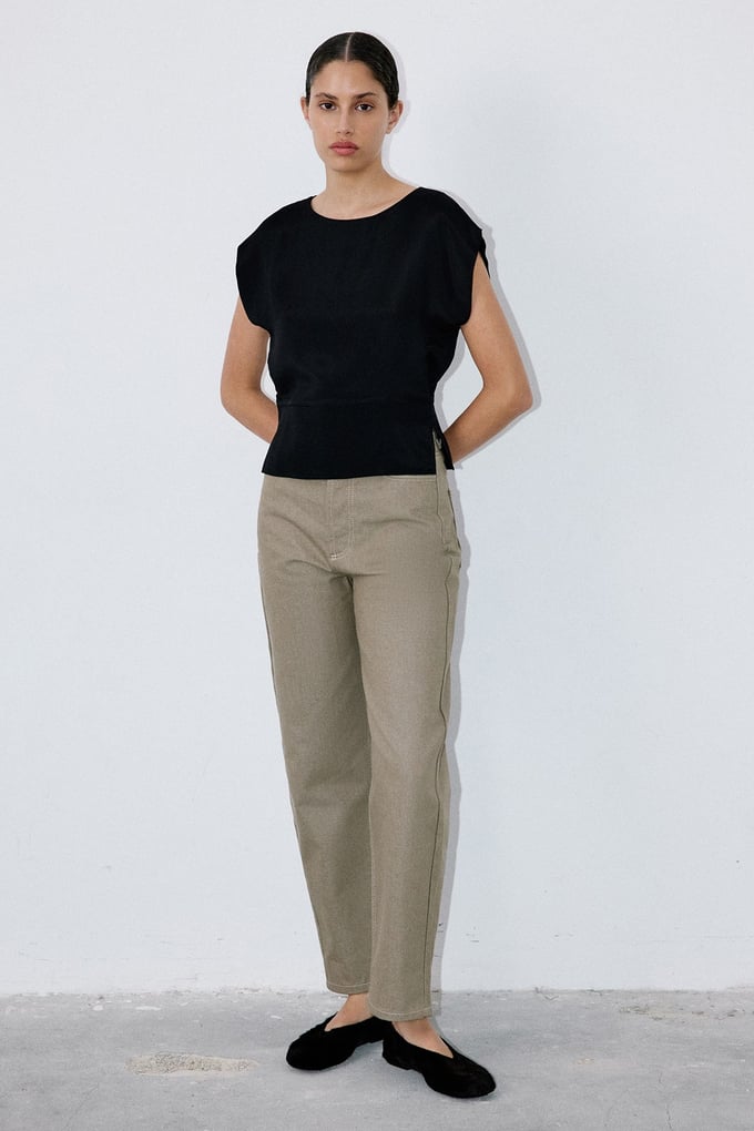 Crew Neck Satin Side Slit Black Blouse
