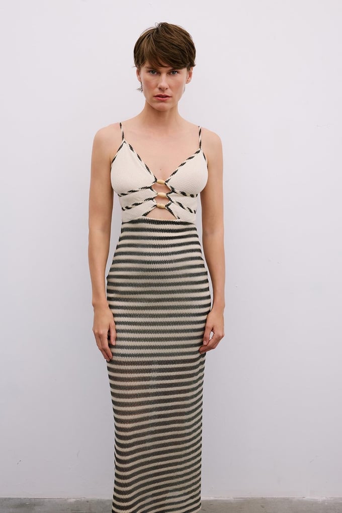 Beaded Detail Midi Beige Dress