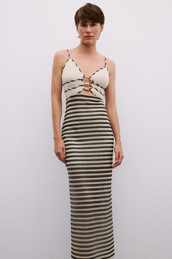 Beaded Detail Midi Beige Dress