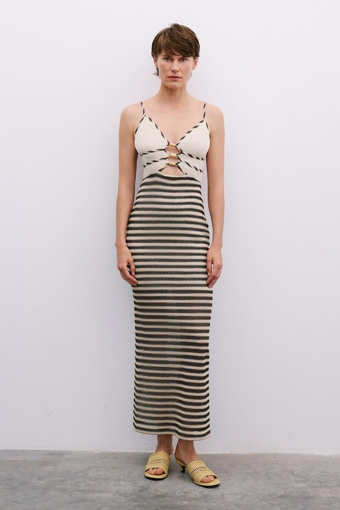 Beaded Detail Midi Beige Dress