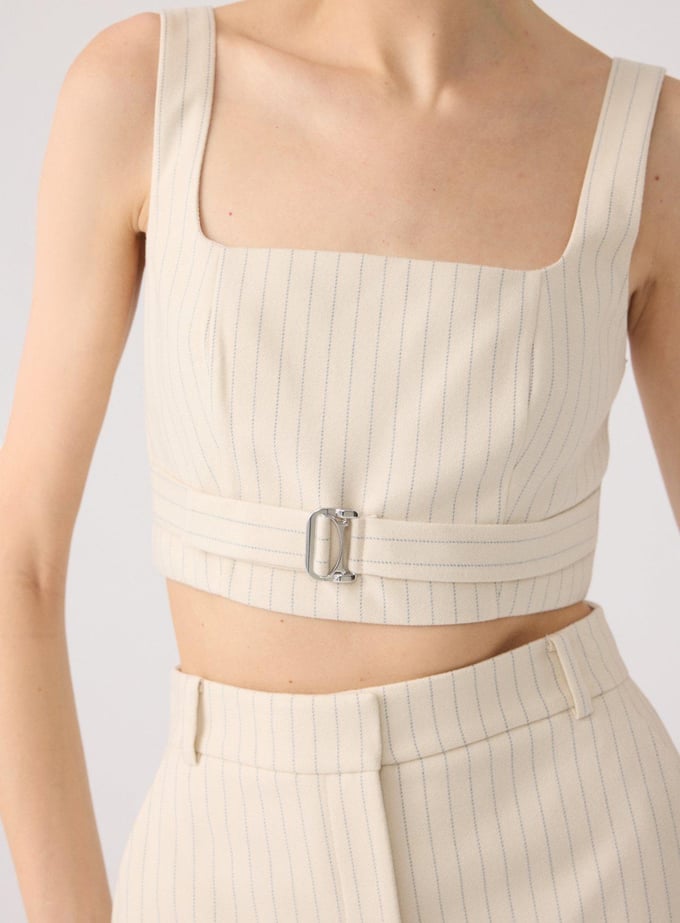 Striped Wool Textured Strappy Off-White Bustier