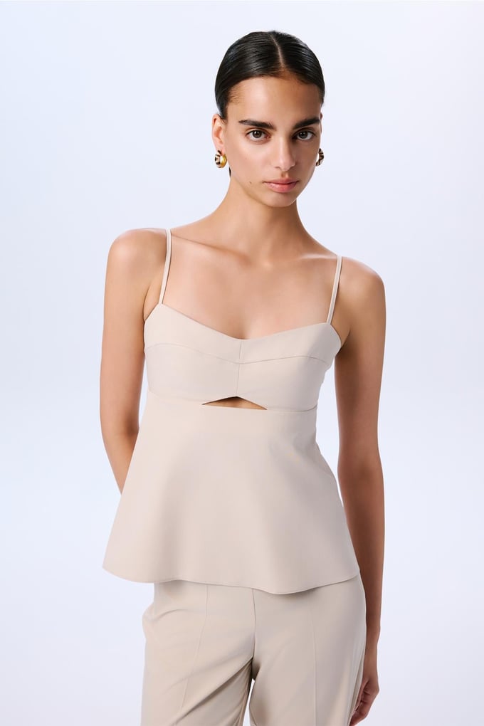 Draped Detailed Strappy Taupe Blouse