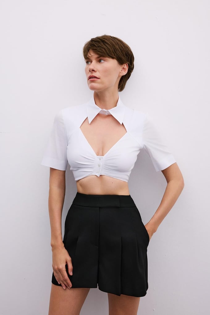 Cut-Out Detail Short Sleeve White Blouse