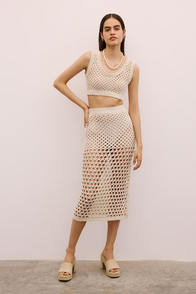 Open-Knit Ribbed Cream Midi Skirt