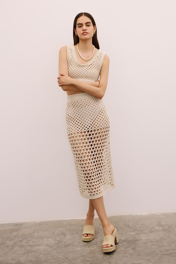 Open-Knit Ribbed Cream Midi Skirt