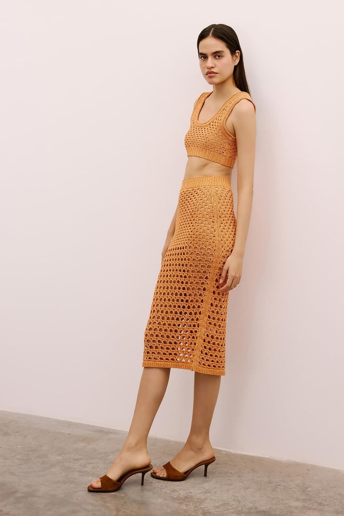 Open-Knit Ribbed Orange Midi Skirt