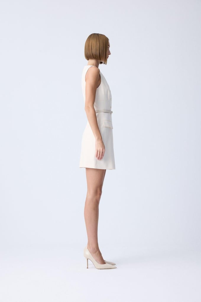 Leather Belted Button-Front Ecru Mini Dress
