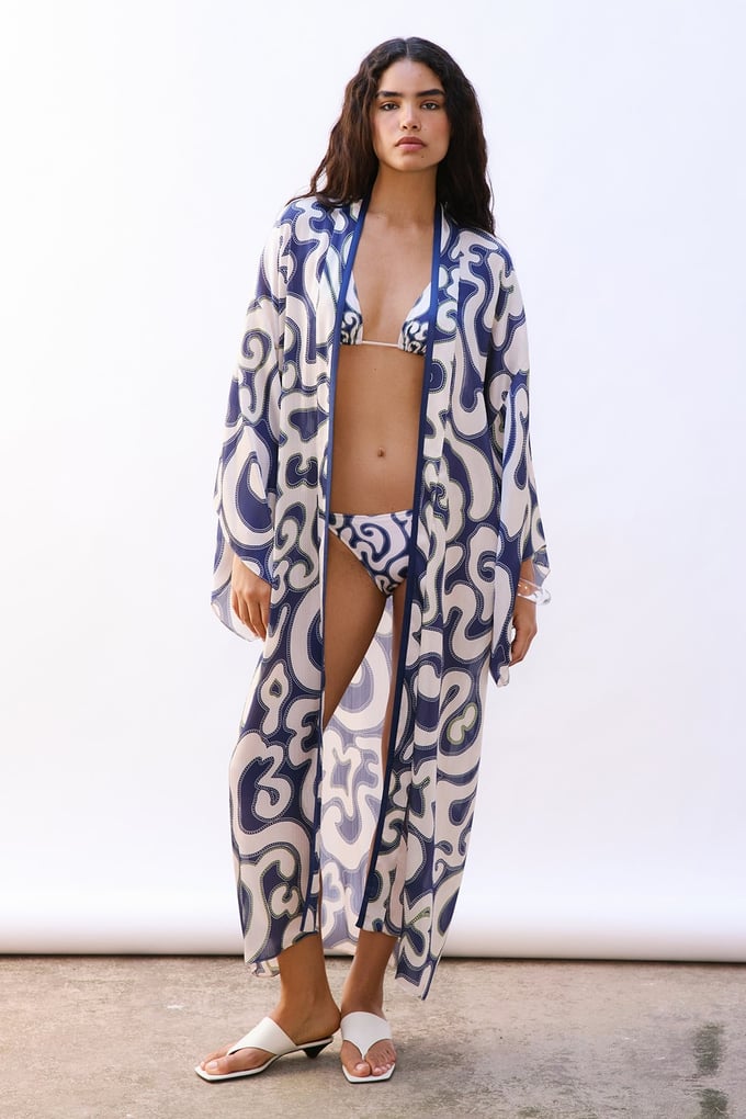 Patterned Wide Sleeved Midi Navy Blue Kimono