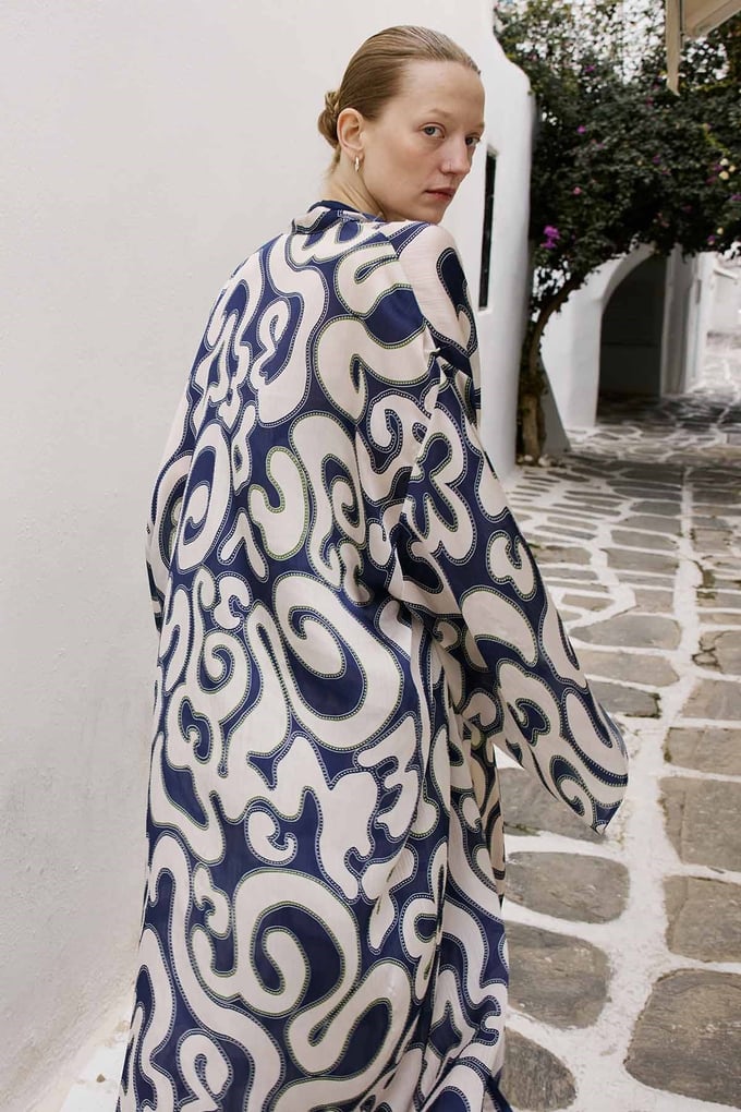 Patterned Wide Sleeved Midi Navy Blue Kimono