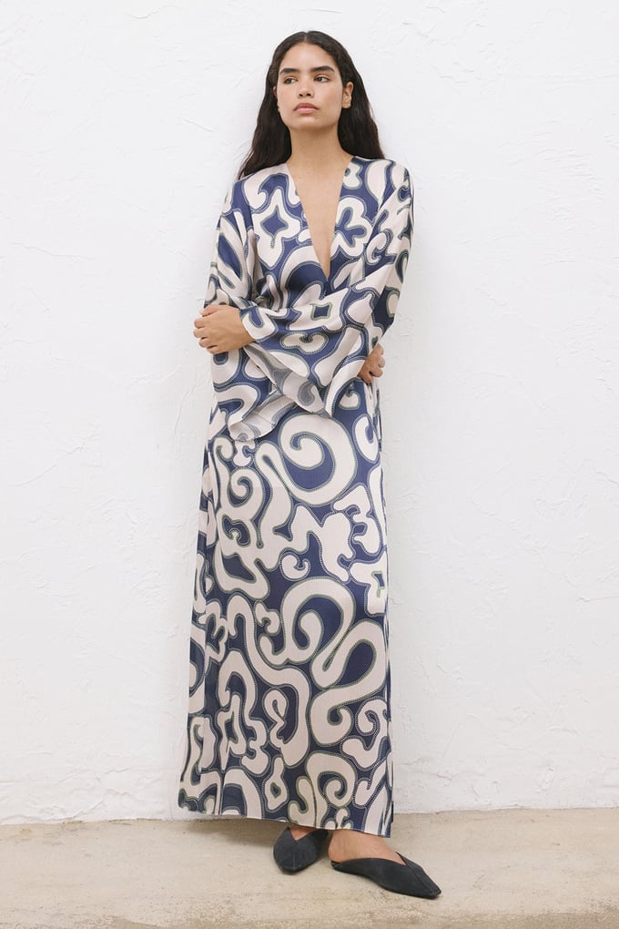 Patterned V-Neck Long Navy Dress