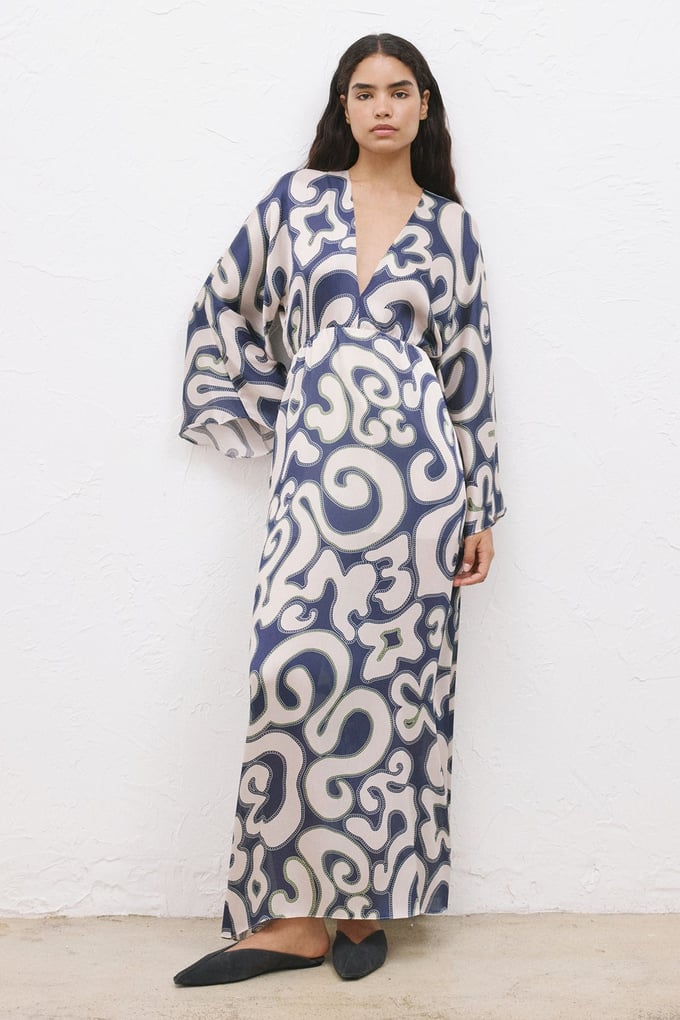 Patterned V-Neck Long Navy Dress