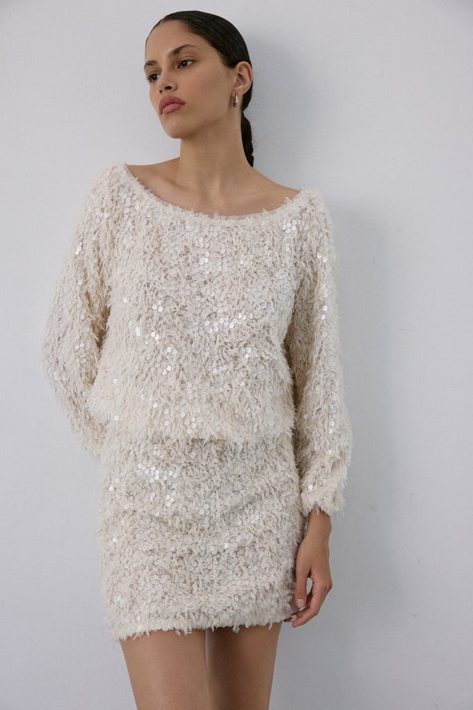 Textured Sequin Embroidered Mini Ecru Skirt