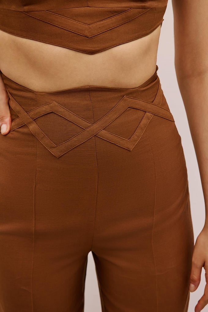 Woven Detailed High Waist Brown Trousers