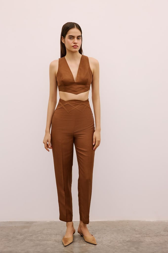 Woven Detailed High Waist Brown Trousers