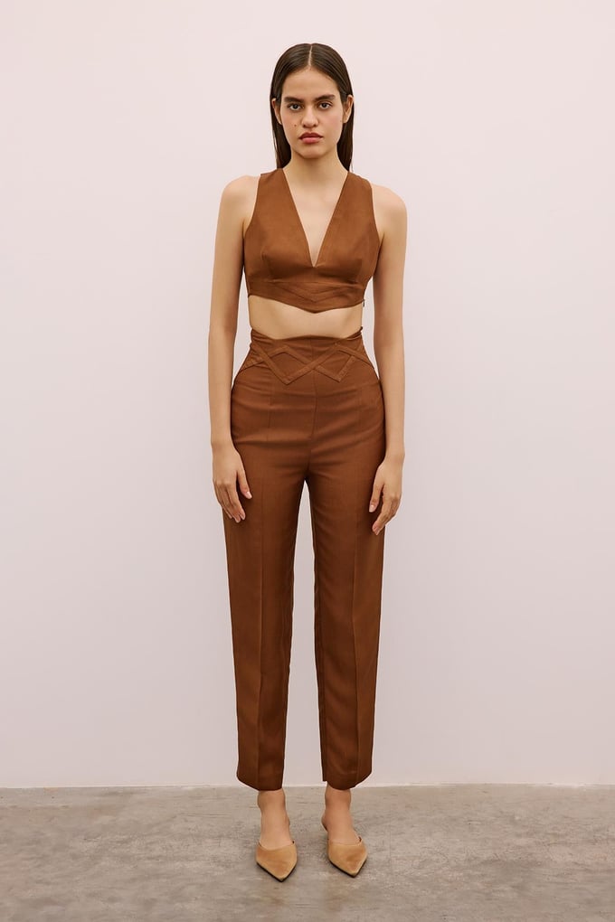 Woven Detailed High Waist Brown Trousers