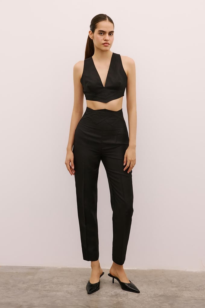 Woven Detailed High Waist Black Trousers