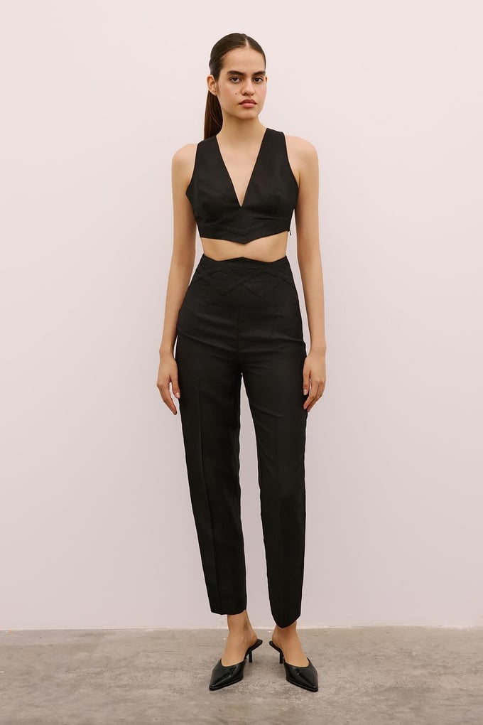 Woven Detailed High Waist Black Trousers