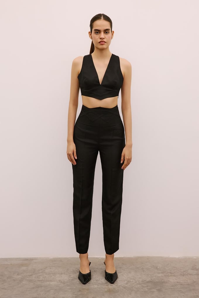 Woven Detailed High Waist Black Trousers