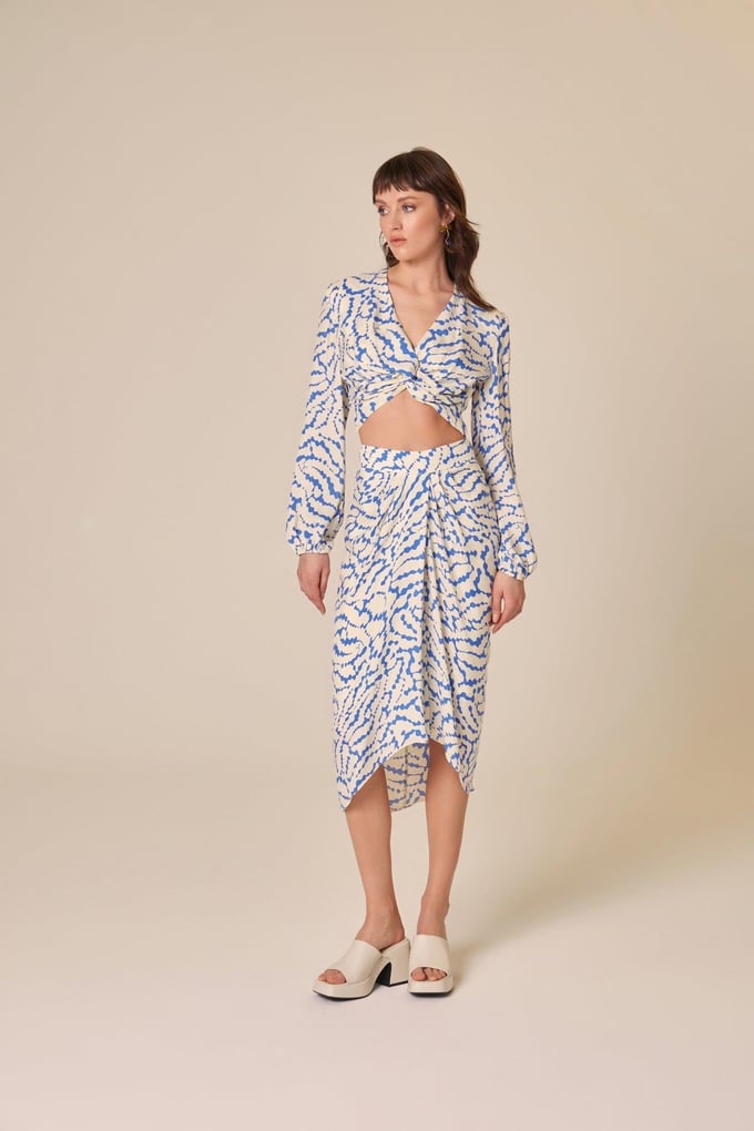 Draped Patterned Blue Skirt