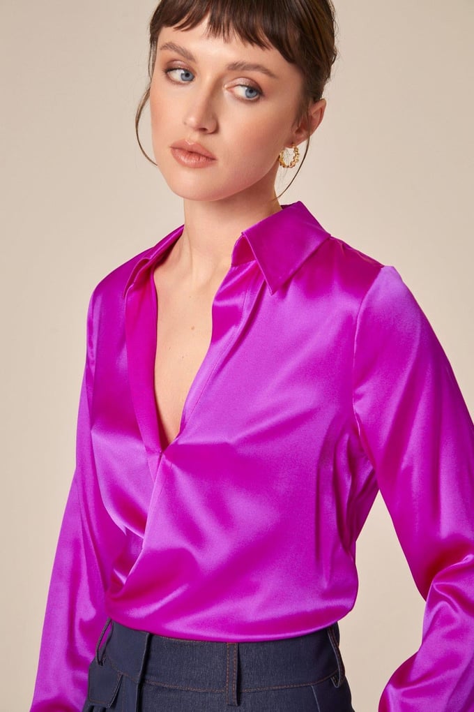 Silk Tie-Front Crop Fuchsia Shirt Blouse  