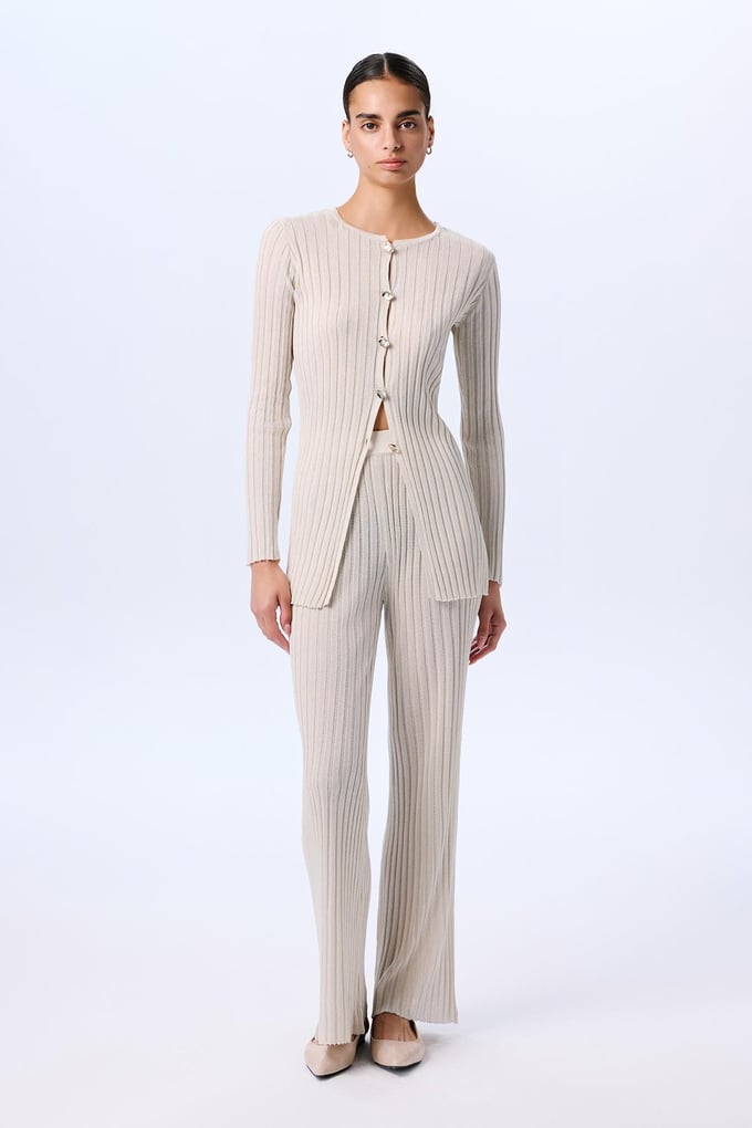 Wide Ribbed Glittery Knit Cream Trousers  
