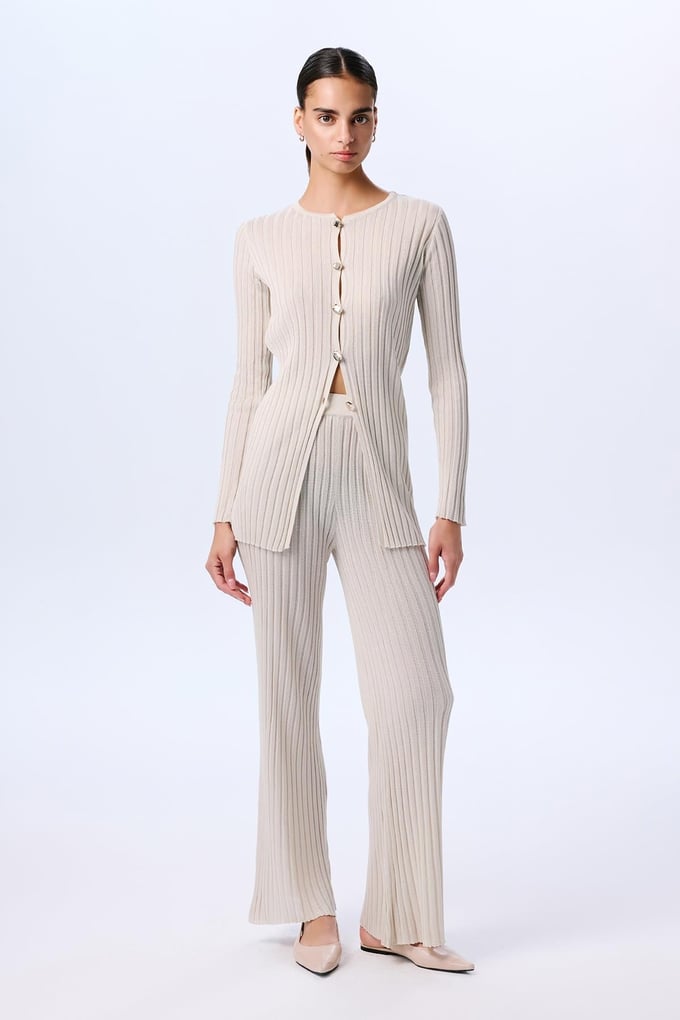 Wide Ribbed Glittery Knit Cream Trousers  