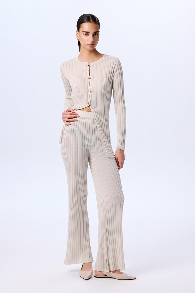 Wide Ribbed Glittery Knit Cream Trousers  